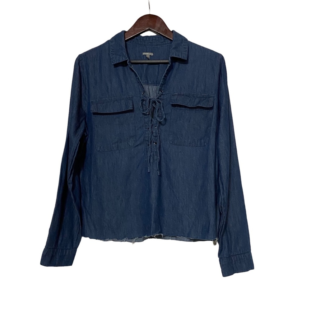 Charlotte Russe Chambray Lace Up Blouse Dark Blue Women’s Size Large